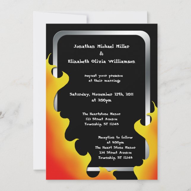 Biker Flames Silver Frame Wedding ~ Invitations (Front)