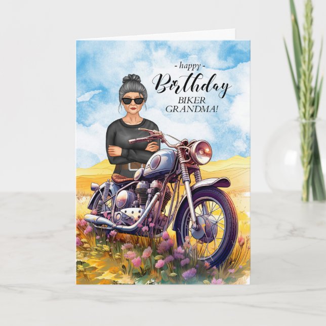 Biker Grandma Motorcycle Wildflower Birthday Card (Front)