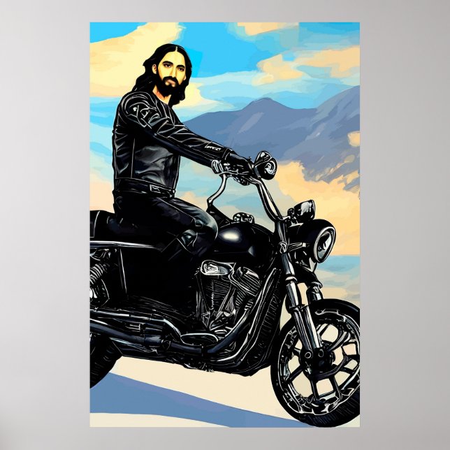 Biker Jesus Christ On Motorcycle Abstract Art Poster (Front)