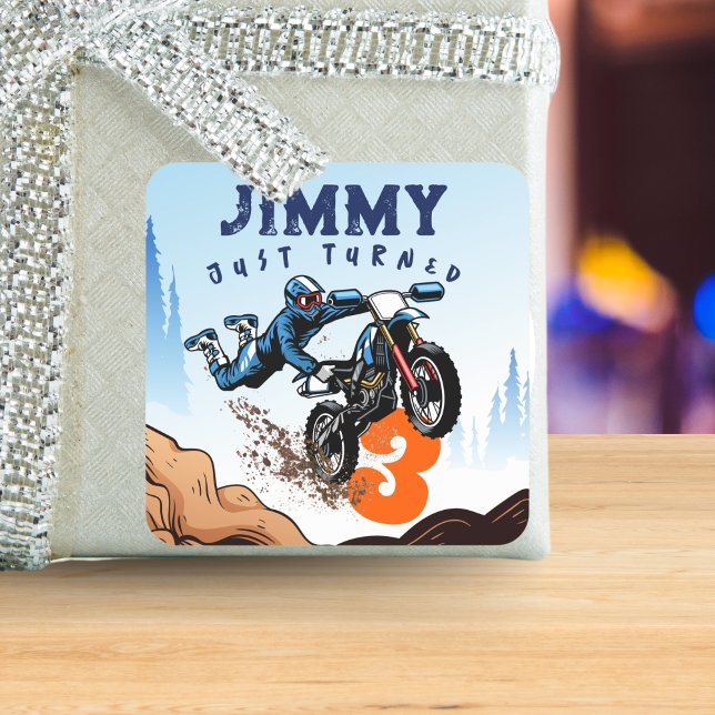 Biker Kid Dirt Stunt Bike Birthday Party Card Square Sticker (Creator Uploaded)