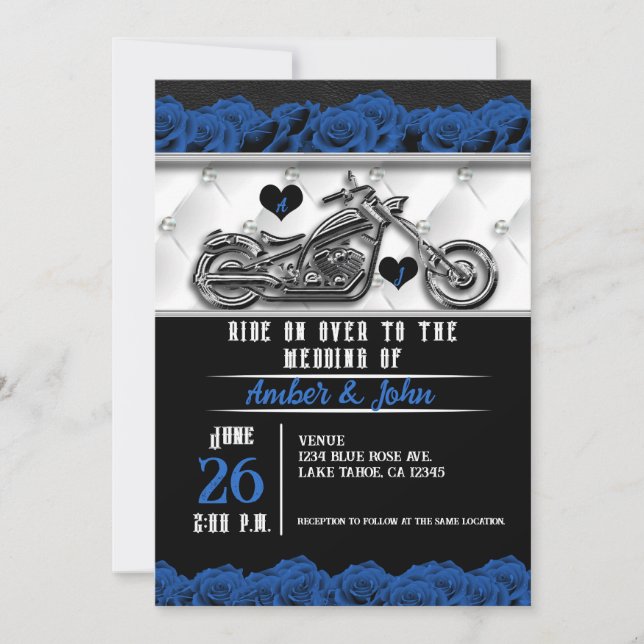 Biker Motorcycle Leather Blue Rose Wedding  Invitation (Front)