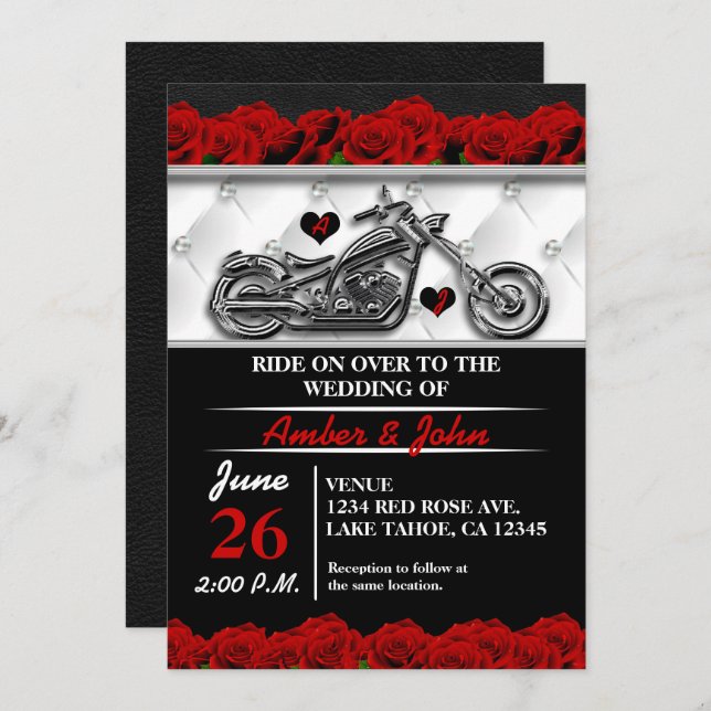 Biker Motorcycle Leather Rose Wedding Invitations (Front/Back)