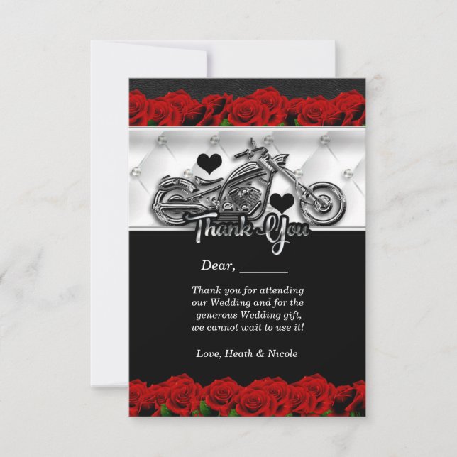 Biker Motorcycle & Red Roses Thank You Card (Front)
