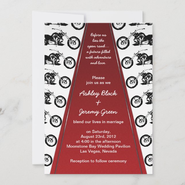 Biker or Motorcycle Red Carpet Wedding Invitation (Front)
