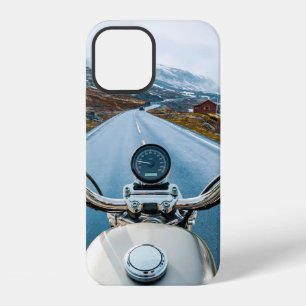 Biker rides a motorcycle on a slippery road throug iPhone 12 case