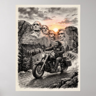 Biker Rides Past Mount Rushmore Presidents Sunset Poster