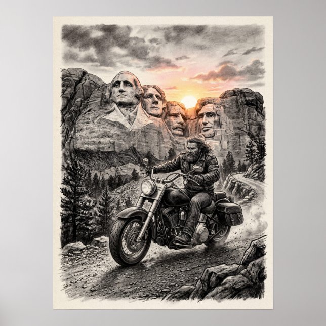 Biker Rides Past Mount Rushmore Presidents Sunset  Poster (Front)