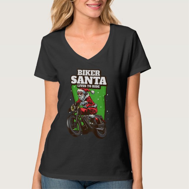 Biker Santa Lives To Ride Christmas Motorcycle Bik T-Shirt (Front)