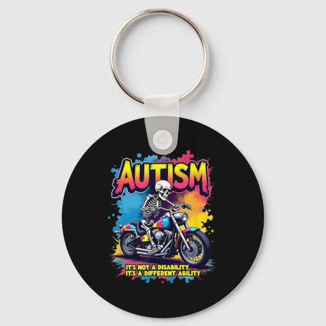 Biker Skeleton Riding Motorcycle Puzzle Autism Awa Key Ring (Front)