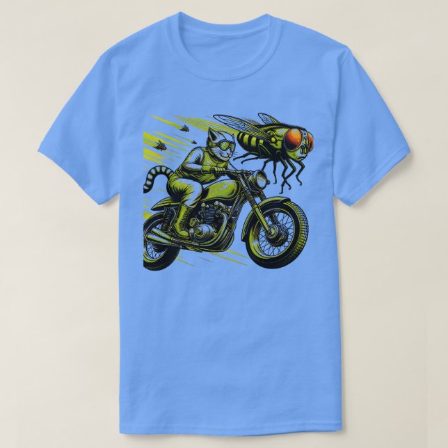 Biker Tabby Cat Riding Chopper Motorcycle Cicadas T-Shirt (Design Front)