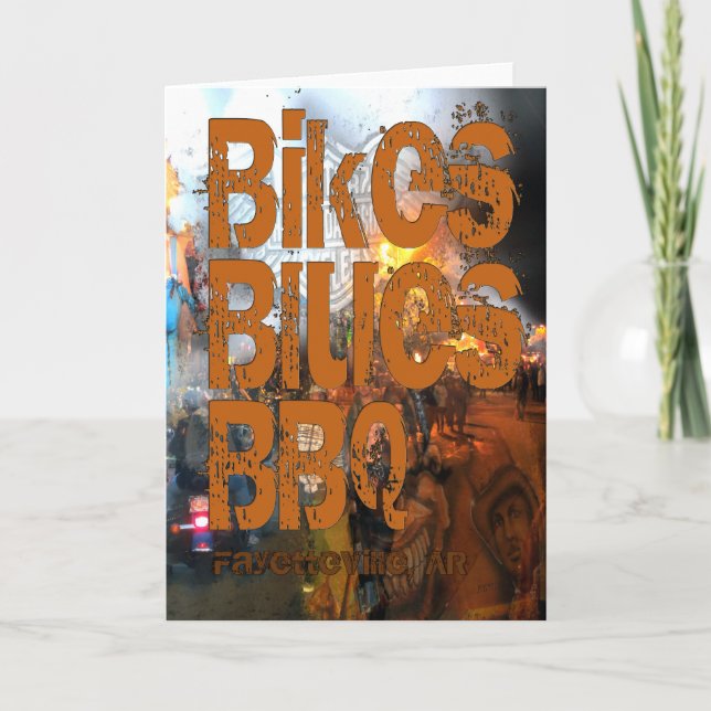 Bikes, Blues, BBQ greetings Card (Front)