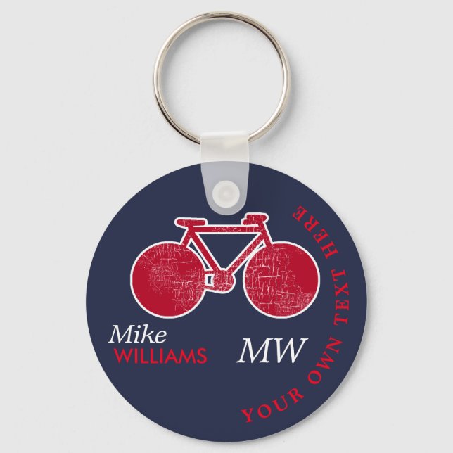 biking, red bike on blue key-chain with name key ring (Front)