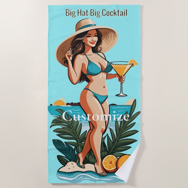 Bikini Babe Big Hat- Big Cocktail Thunder_Cove Beach Towel (Front)