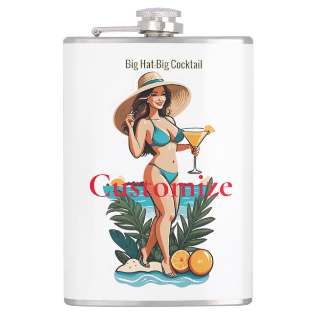 Bikini Babe Big Hat- Big Cocktail Thunder_Cove  Hip Flask (Front)