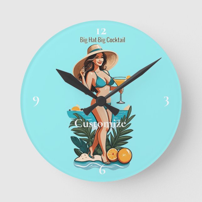 Bikini Babe Big Hat- Big Cocktail Thunder_Cove  Round Clock (Front)