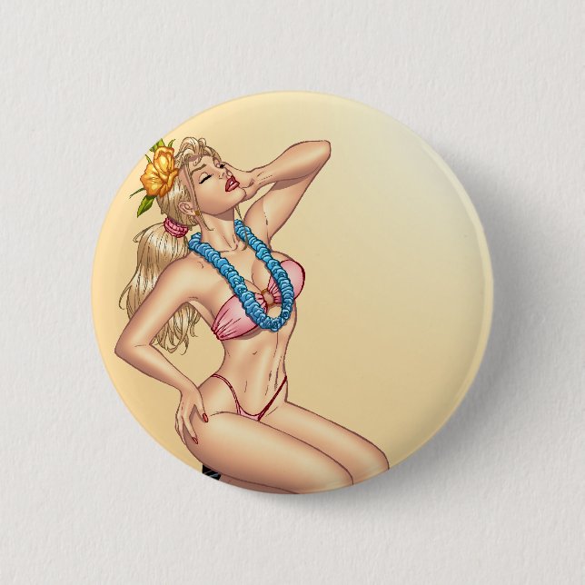 Bikini Blonde Pin-up Girl with Flowers by Al Rio 6 Cm Round Badge (Front)