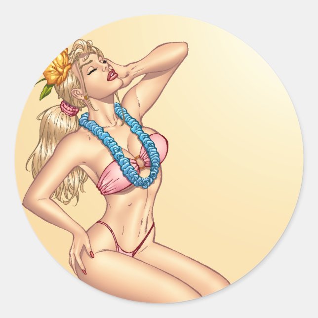 Bikini Blonde Pin-up Girl with Flowers by Al Rio Classic Round Sticker (Front)