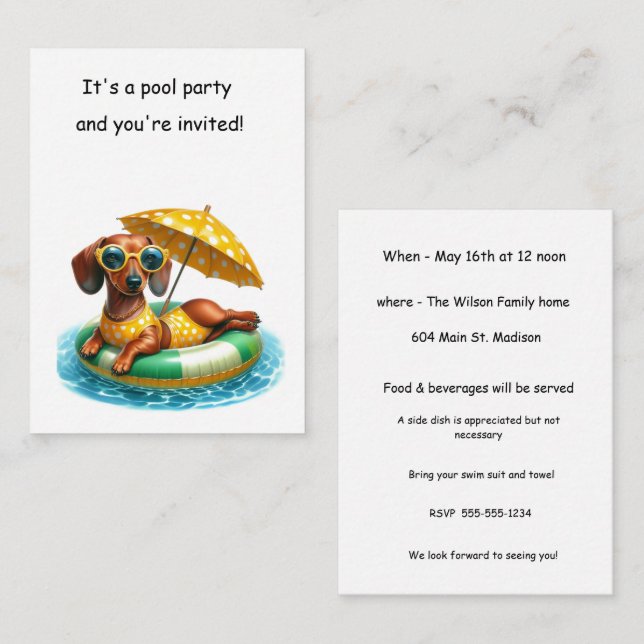 Bikini Dachshund Pool Party Card (Front/Back)