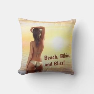 Bikini Girl Posing in the Sea at Sunset Cushion
