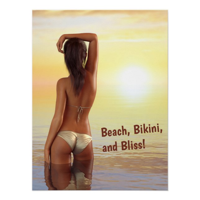 Bikini Girl Posing in the Sea at Sunset Poster (Front)