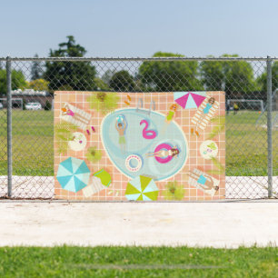 Bikini girls and guys playing swimming pool game banner