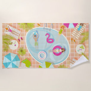 Bikini girls and guys playing swimming pool game beach towel