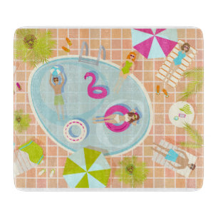 Bikini girls and guys playing swimming pool game cutting board
