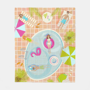 Bikini girls and guys playing swimming pool game fleece blanket