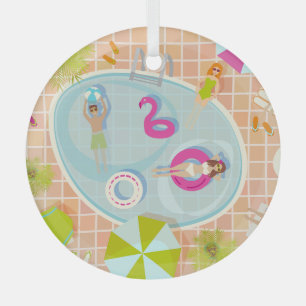 Bikini girls and guys playing swimming pool game glass tree decoration