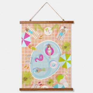 Bikini girls and guys playing swimming pool game hanging tapestry