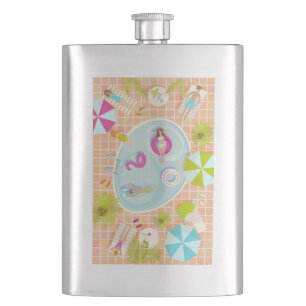 Bikini girls and guys playing swimming pool game hip flask