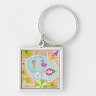 Bikini girls and guys playing swimming pool game key ring