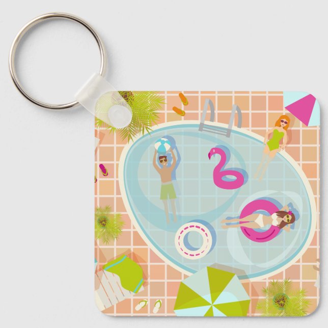 Bikini girls and guys playing swimming pool game key ring (Front)
