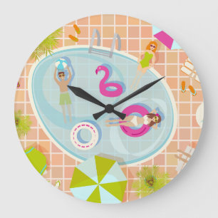 Bikini girls and guys playing swimming pool game large clock