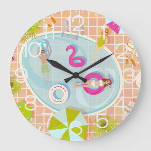 Bikini girls and guys playing swimming pool game large clock