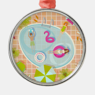 Bikini girls and guys playing swimming pool game metal tree decoration