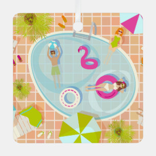 Bikini girls and guys playing swimming pool game metal tree decoration