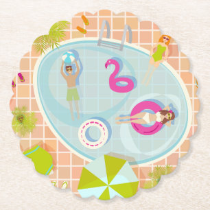 Bikini girls and guys playing swimming pool game paper coaster