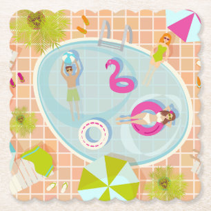 Bikini girls and guys playing swimming pool game paper coaster