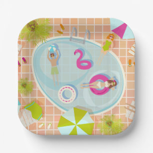 Bikini girls and guys playing swimming pool game paper plate