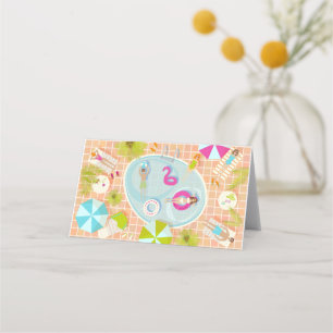 Bikini girls and guys playing swimming pool game place card