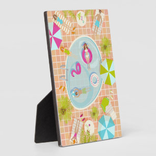 Bikini girls and guys playing swimming pool game plaque