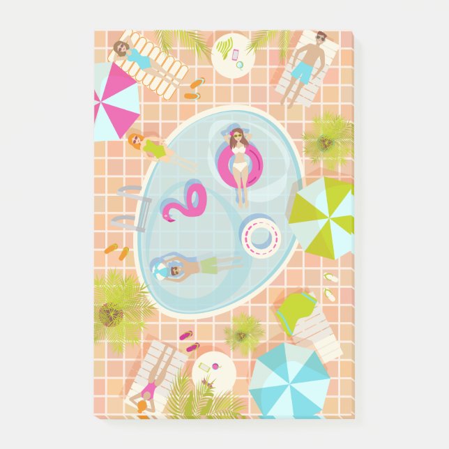 Bikini girls and guys playing swimming pool game post-it notes (Front)