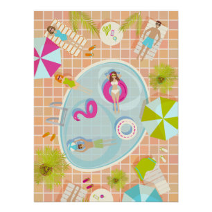 Bikini girls and guys playing swimming pool game poster