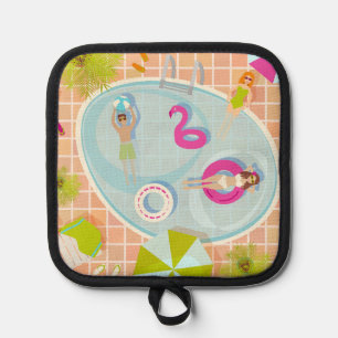 Bikini girls and guys playing swimming pool game pot holder