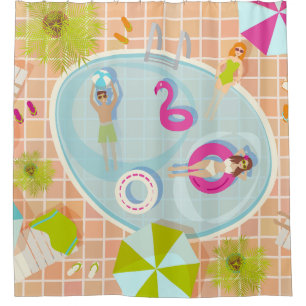 Bikini girls and guys playing swimming pool game shower curtain
