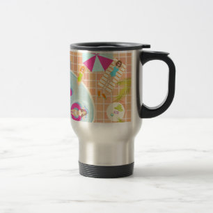Bikini girls and guys playing swimming pool game travel mug