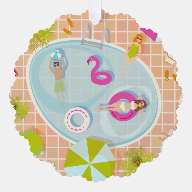 Bikini girls and guys playing swimming pool game tree decoration card (Front)