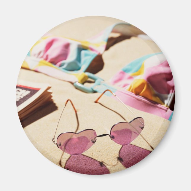 Bikini Top And Heart Shape Sunglasses On Beach Magnet (Front)