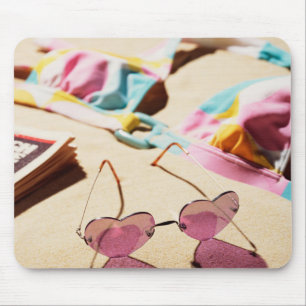 Bikini Top And Heart Shape Sunglasses On Beach Mouse Pad